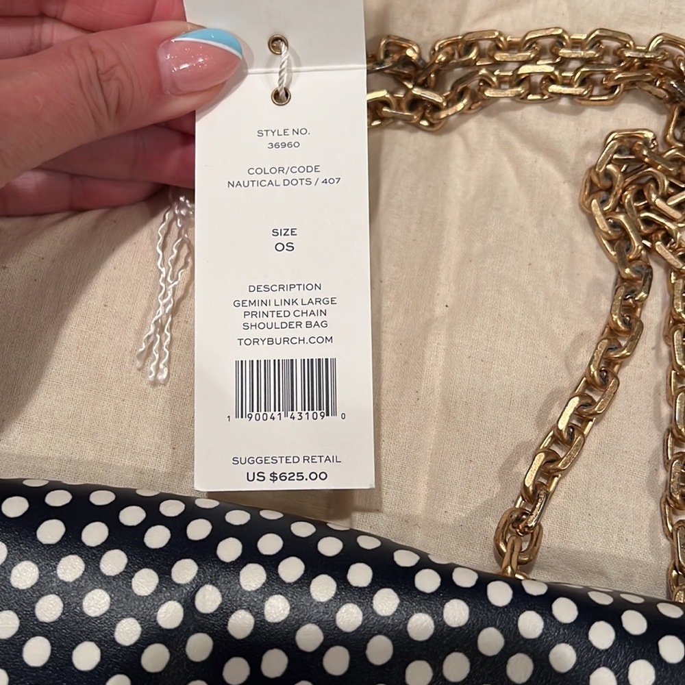 Tory Burch Gemini Link Polka Dot Printed Chain Shoulder Bag, Navy and White - Picture 5 of 14